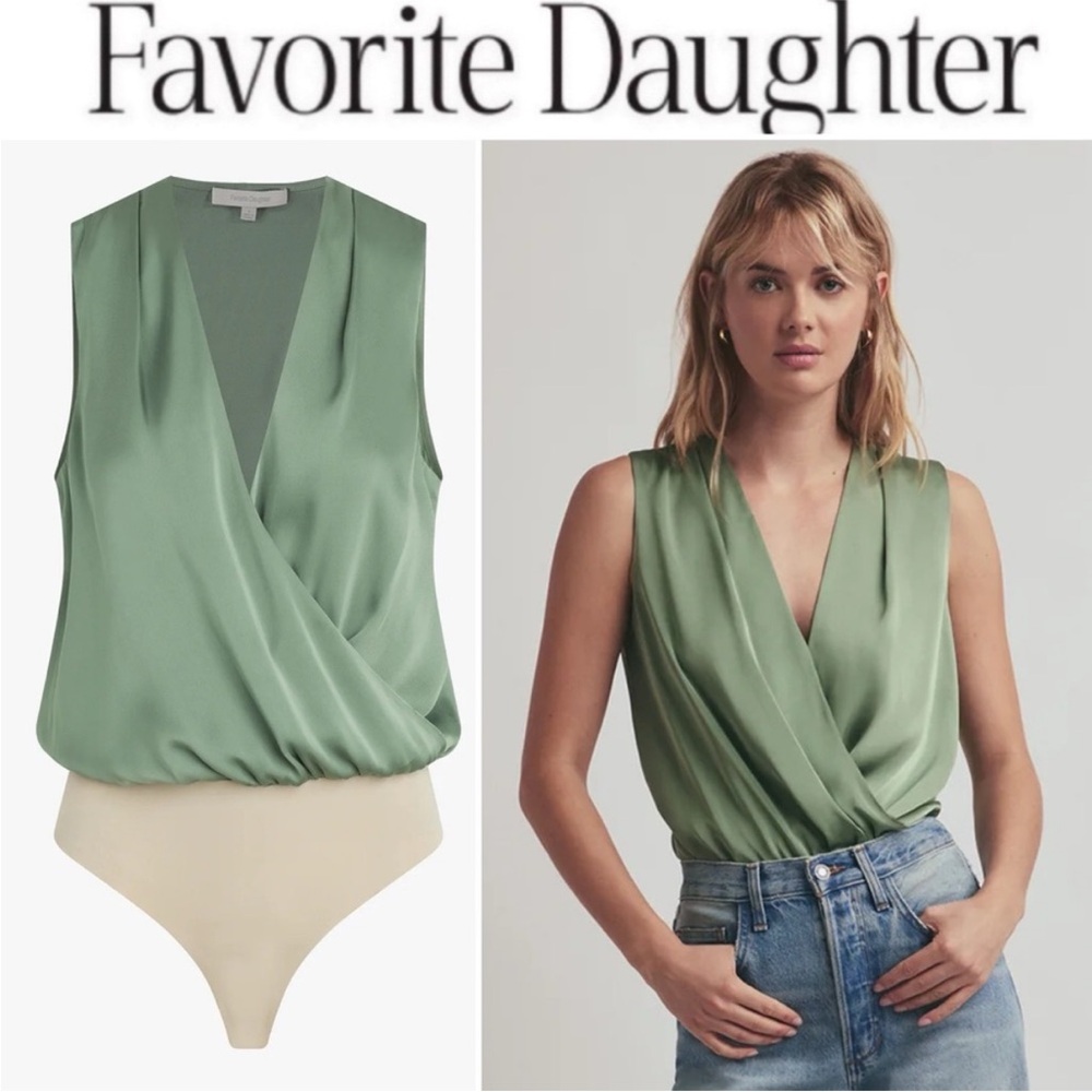 Favorite Daughter Green Satin Sleeveless Wrap Bodysuit XL